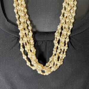 Multistrand Necklace Faux Pearls and Gold Tone Beads, Regencycore